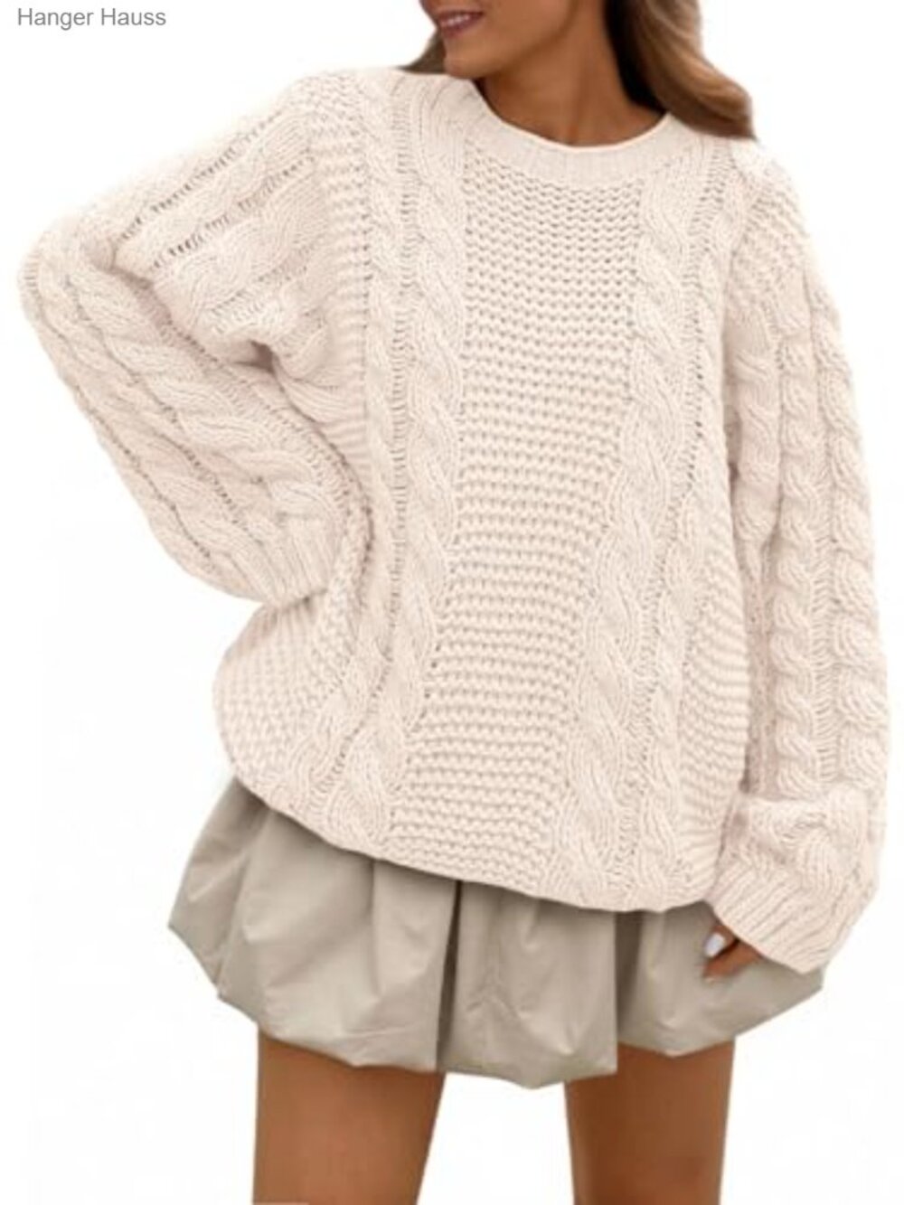 Womens Oversized Cable Knit Cotton Pullover Sweater Crew Neck Long Sleeve